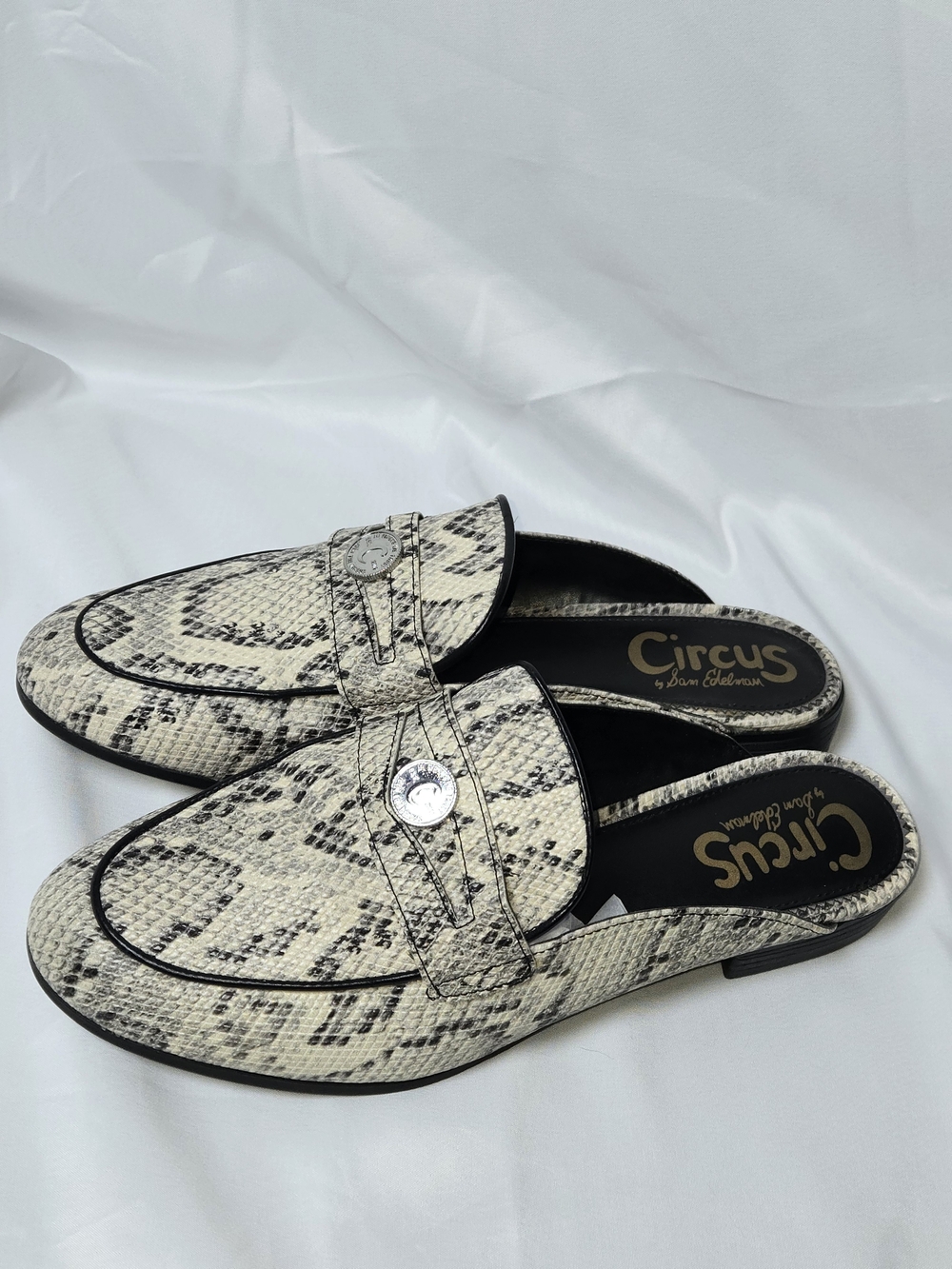 Circus by Sam Edelman Snake-Print Slip-On Mules in Beige and Black